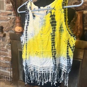 RAGA Vibrant Yellow and Black Tie-Dye Tank with Fringe